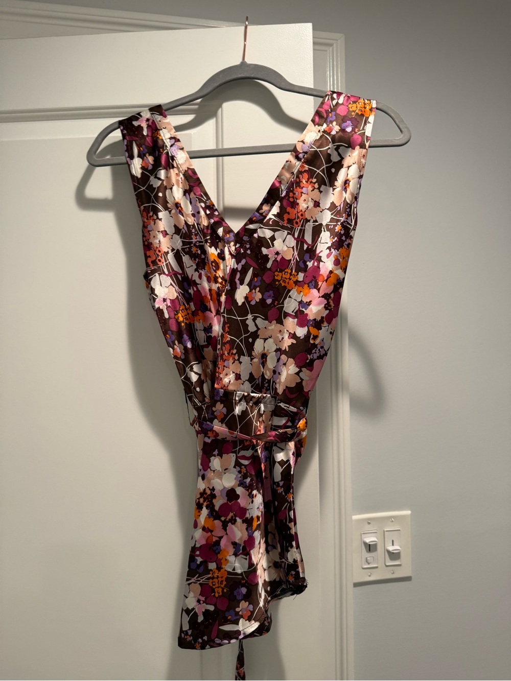 Sharagano Floral Satin Top in Brown, Pink & Orange